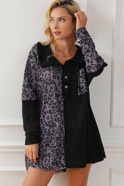 Half Button Leopard Collared Neck Blouse.