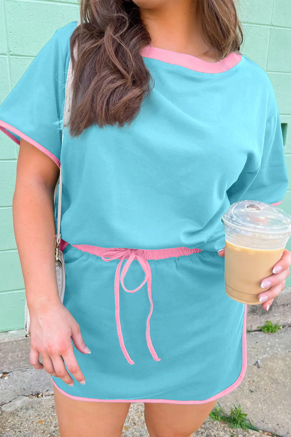 Turquoise Plus Size Contrast Trim Tee Skirt Two Piece Set