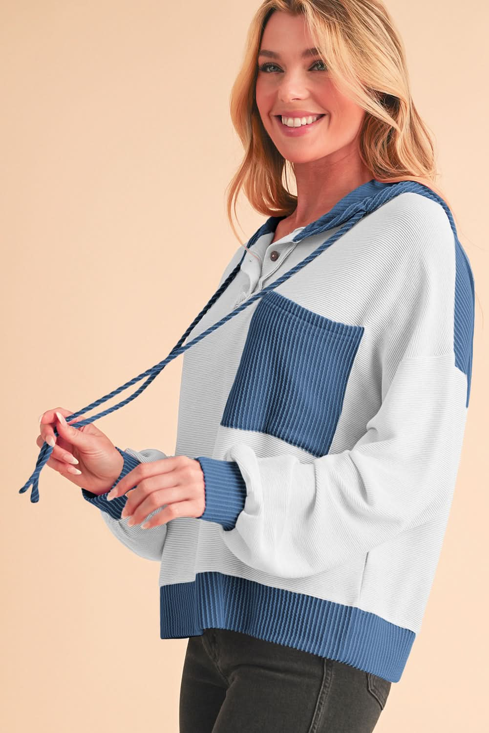 Corded Color Block Drawstring Hoodie