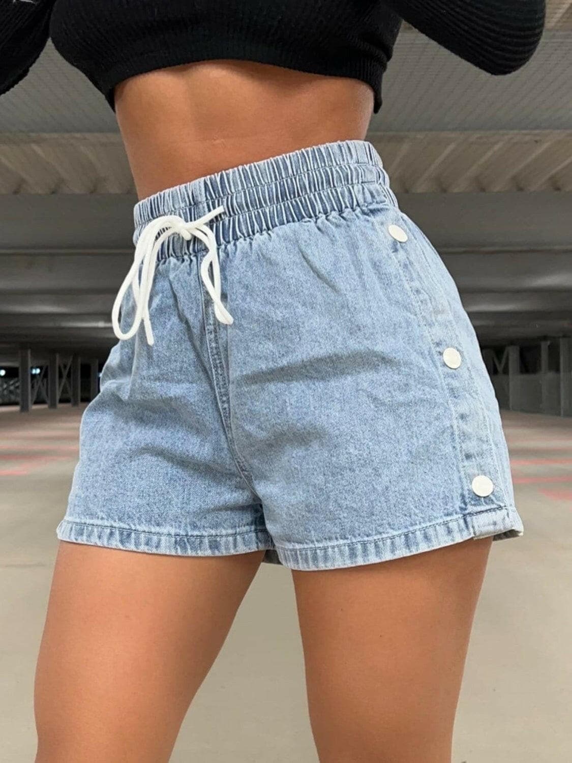 Drawstring High Waist Denim Shorts.