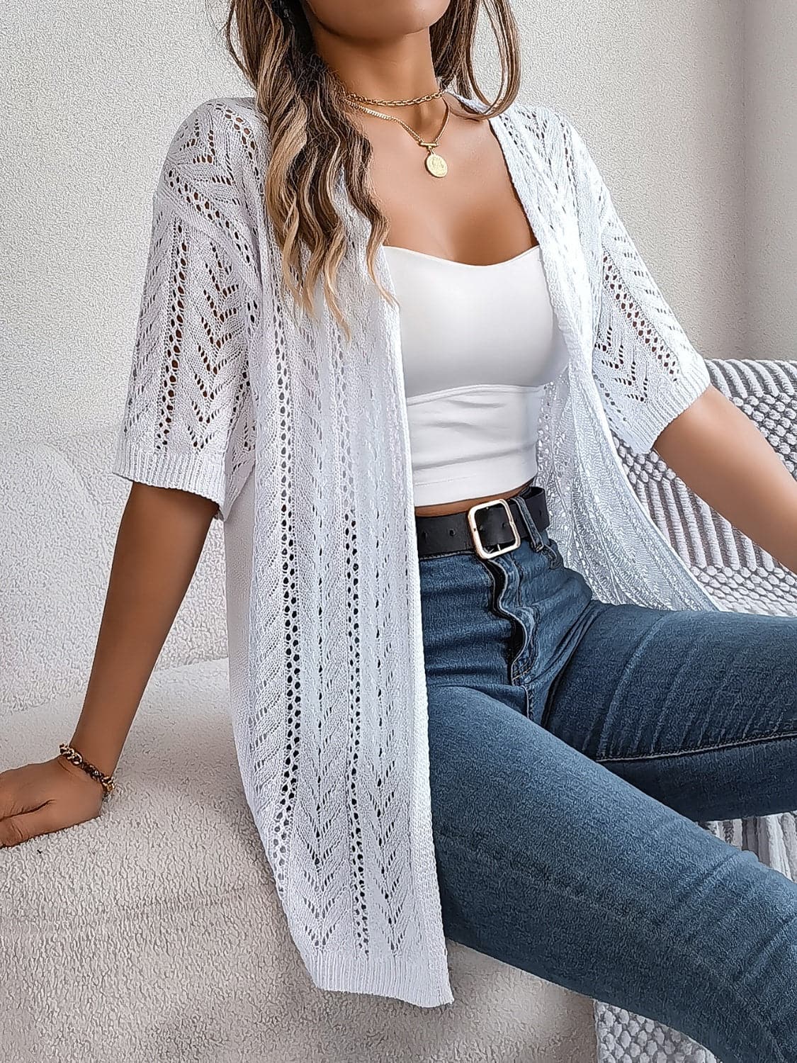 Openwork Open Front Half Sleeve Cardigan.