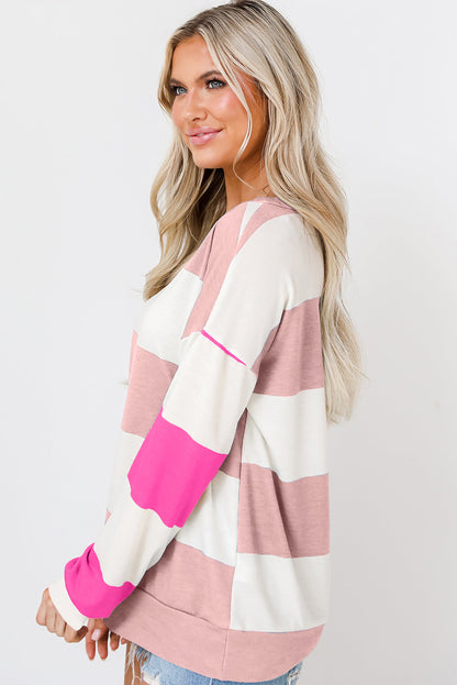 Chic light pink colorblock long sleeve top with drop shoulders