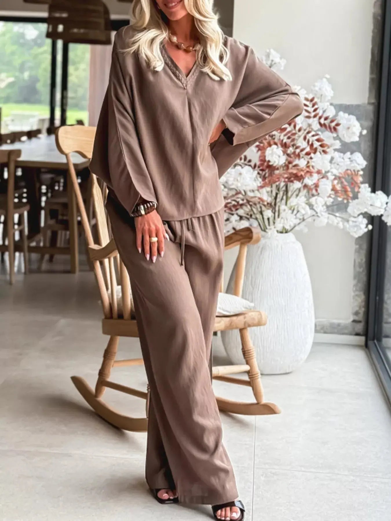 Braided V Neck Long Sleeve Loose Top and Drawstring High Waist Pants 2pcs Outfit Simply Love