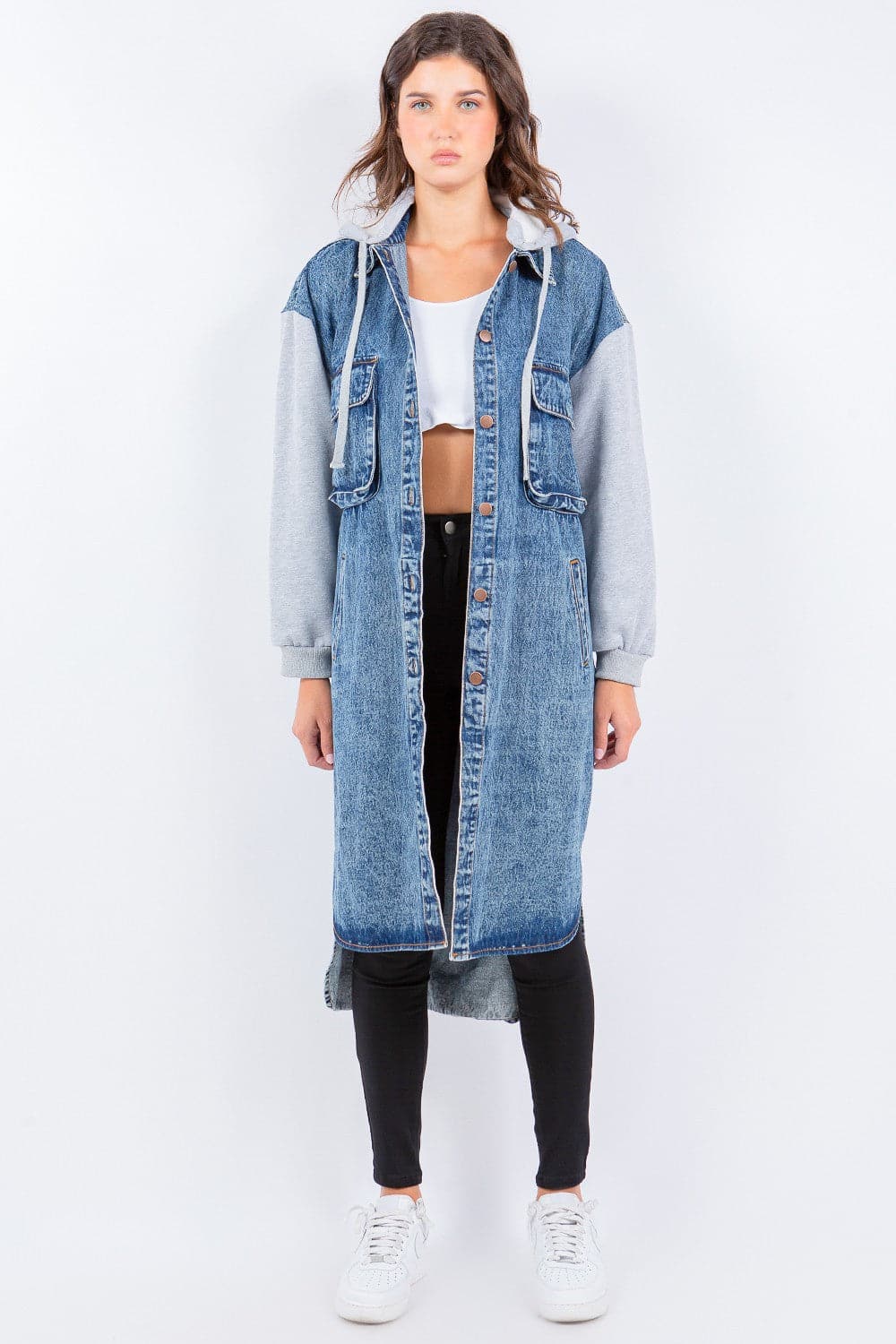 American Bazi Contrast Longline Hooded Denim Jacket.