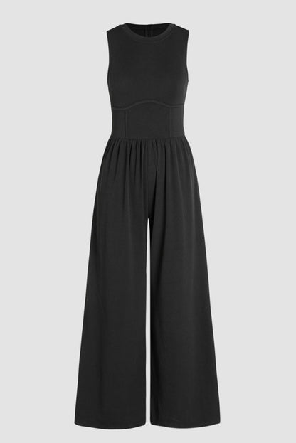 Chic black sleeveless jumpsuit with cinched waist and wide legs