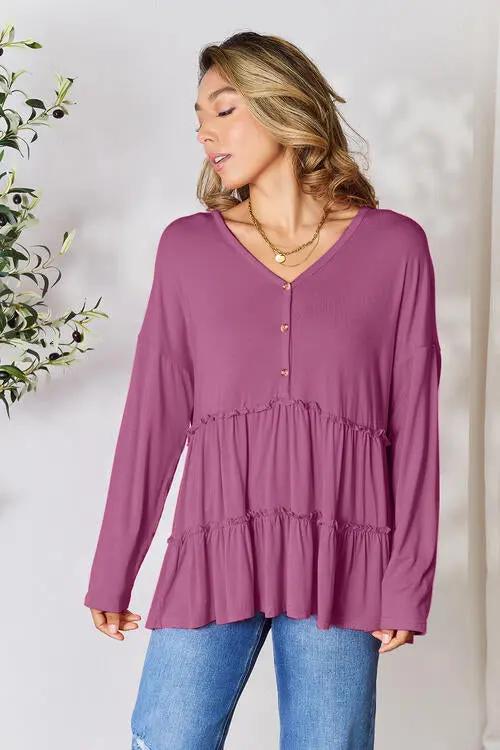 Double Take Half Button Long Sleeve Ruffle Hem Blouse - Love Salve
