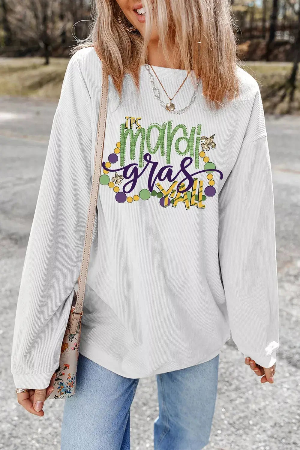 TIS Mardi Gras YALL Corded Ribbed Pullover Sweatshirt Simply Love