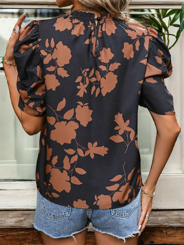 Frill Printed Round Neck Puff Sleeve Blouse.