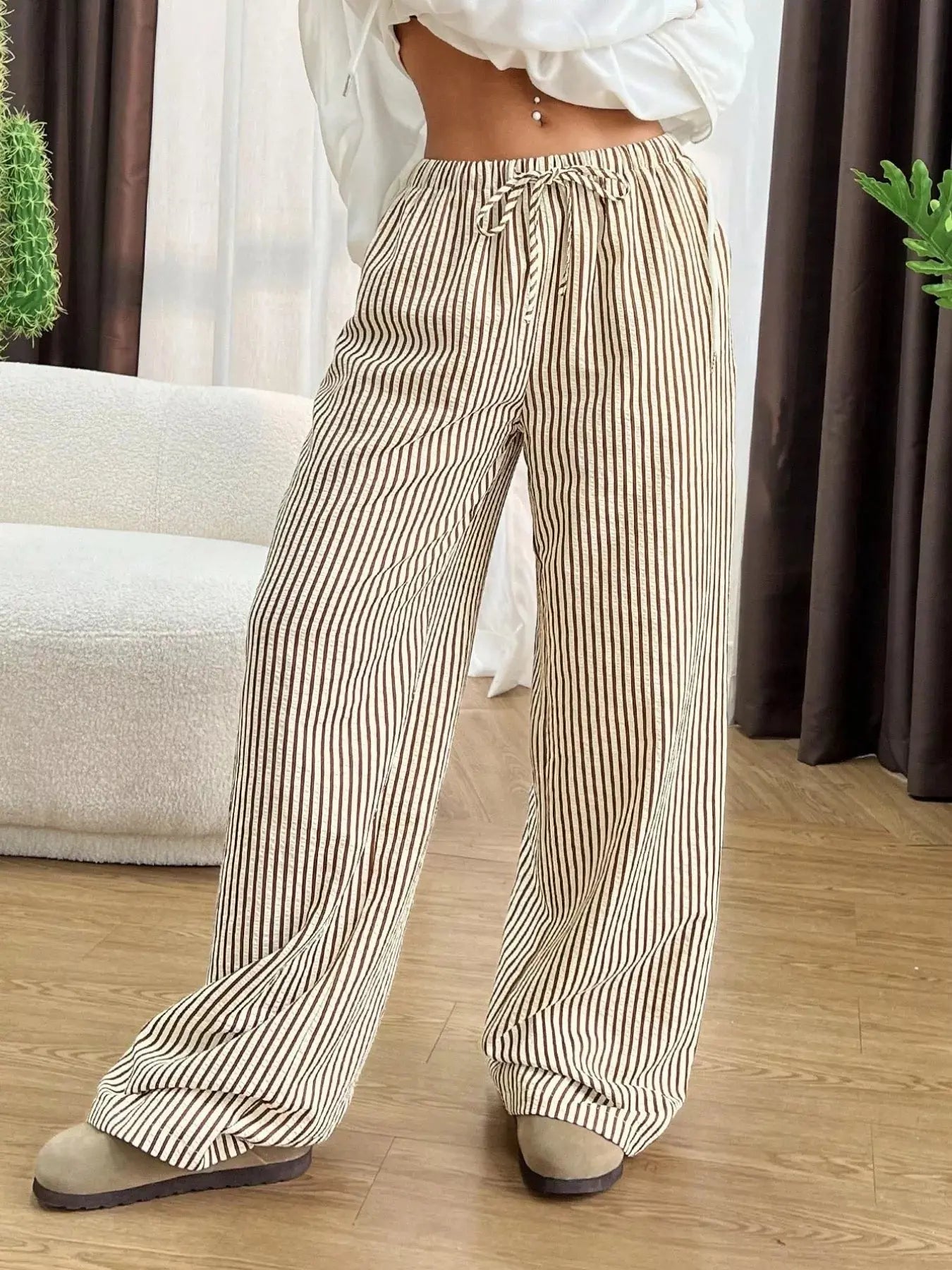 Full Size Striped Drawstring Waist Wide Leg Pants Plus Size Simply Love