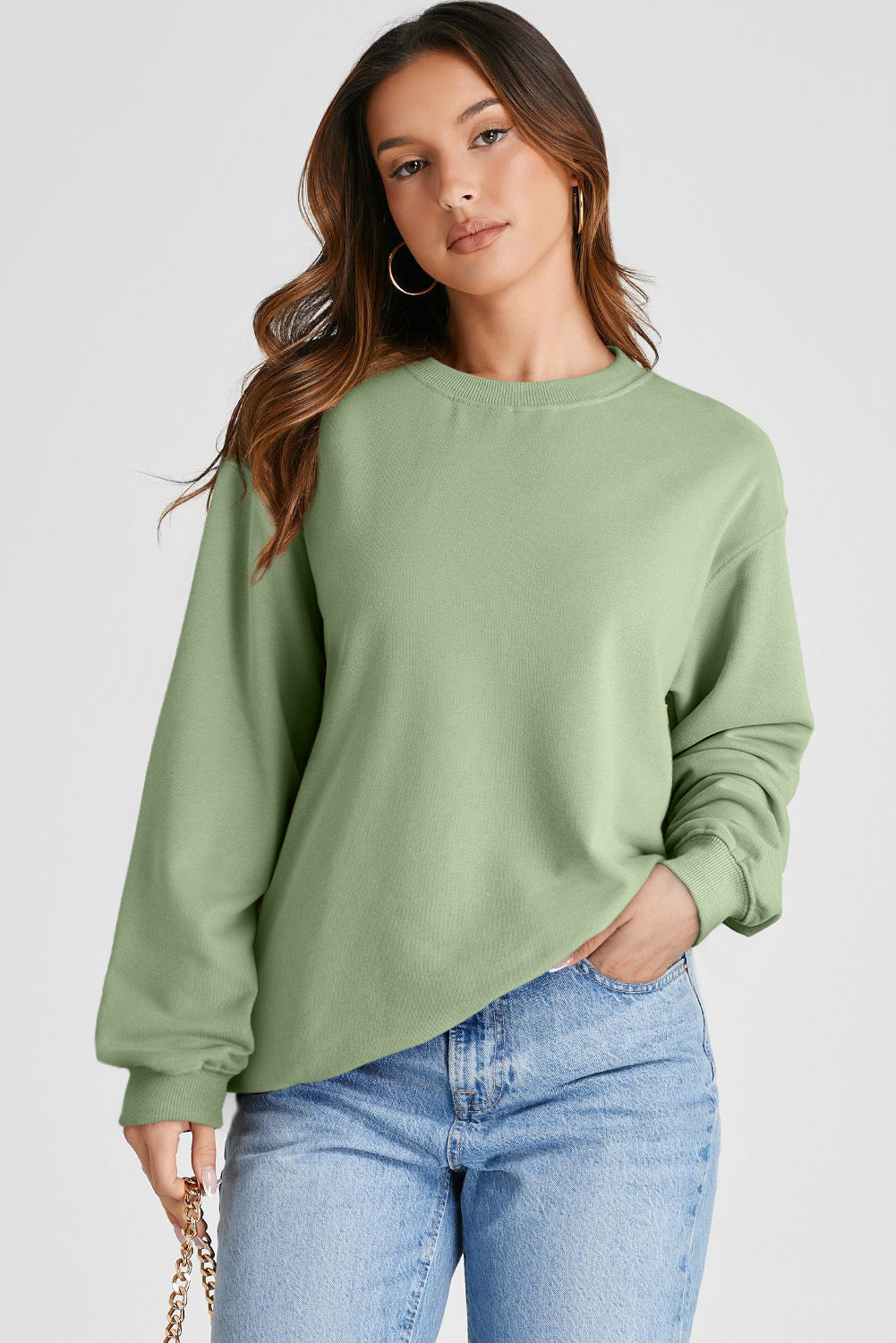 Smoke green casual drop shoulder crewneck pullover sweatshirt