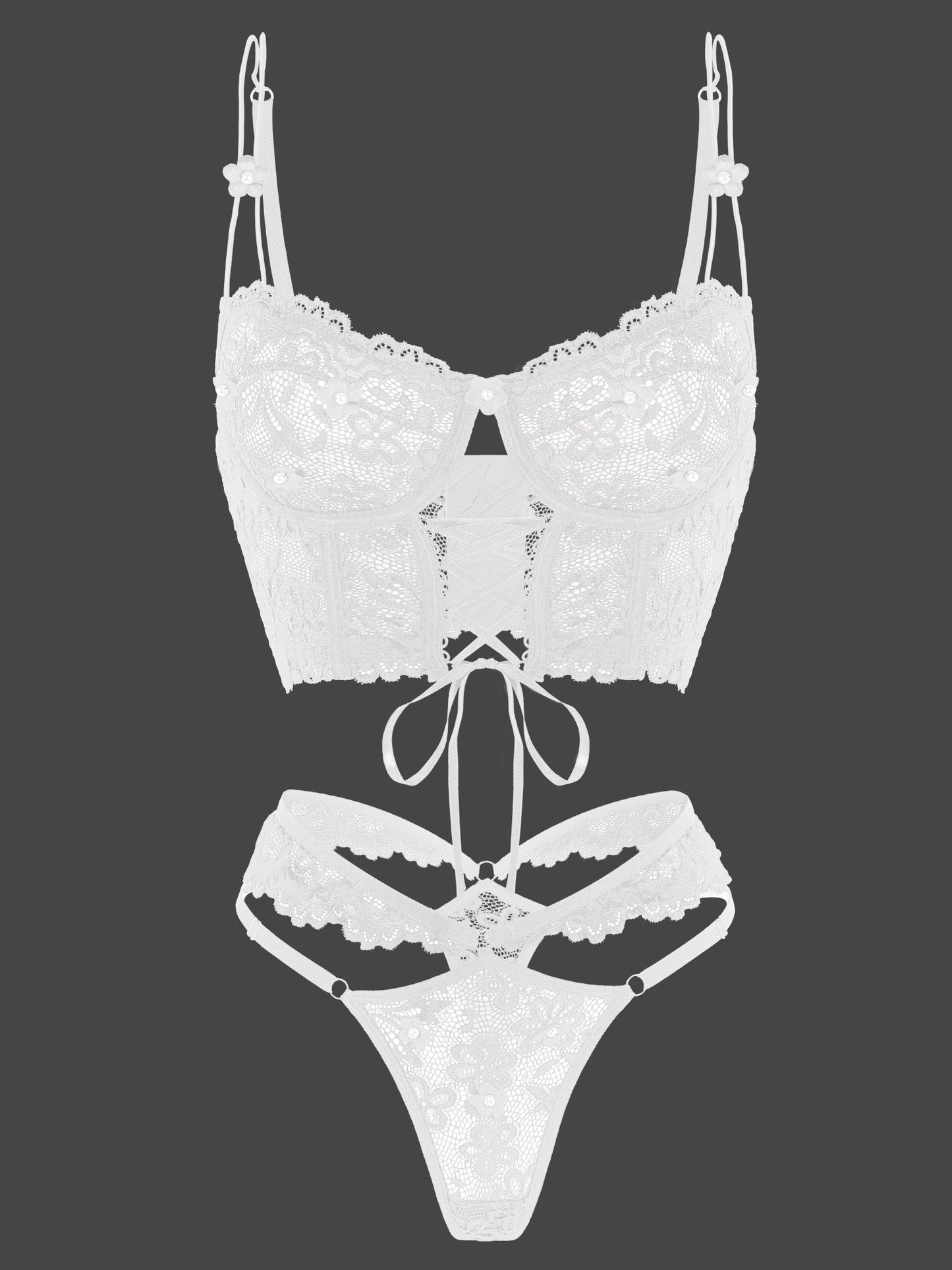 White Pearls Small Flower Lace Lingerie Set