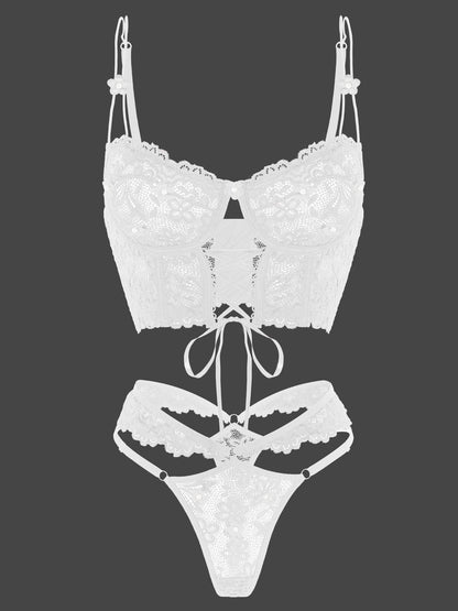 White Pearls Small Flower Lace Lingerie Set for Women