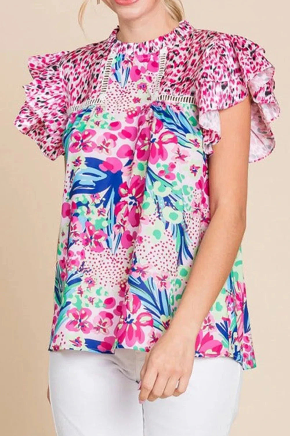 Floral Mixed Print Ruffle Cap Sleeve Blouse Simply Love