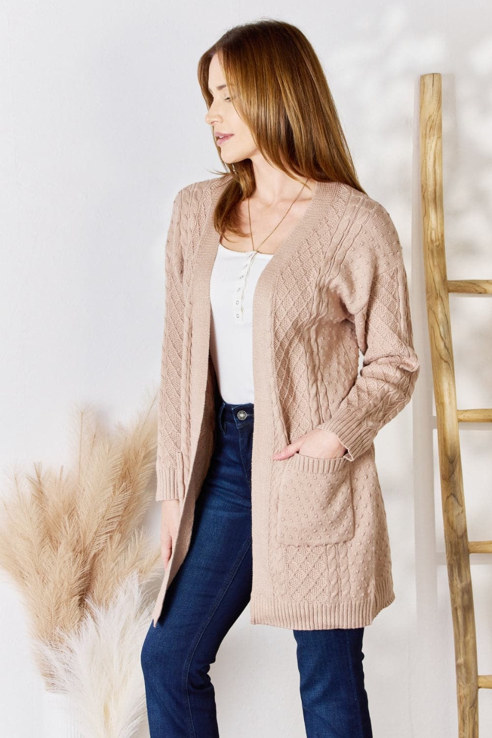 Hailey & Co Full Size Cable-Knit Pocketed Cardigan.