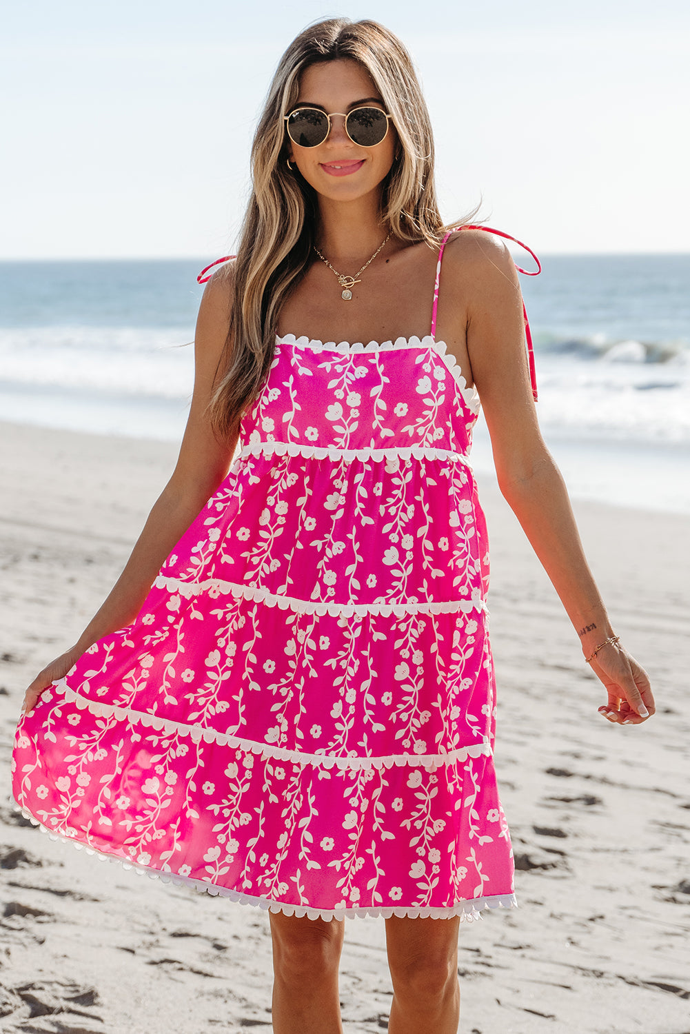 Mina Ric Rac Patched Sleeveless Mini Dress with Floral Print and Tie Shoulder Design - Love Salve 