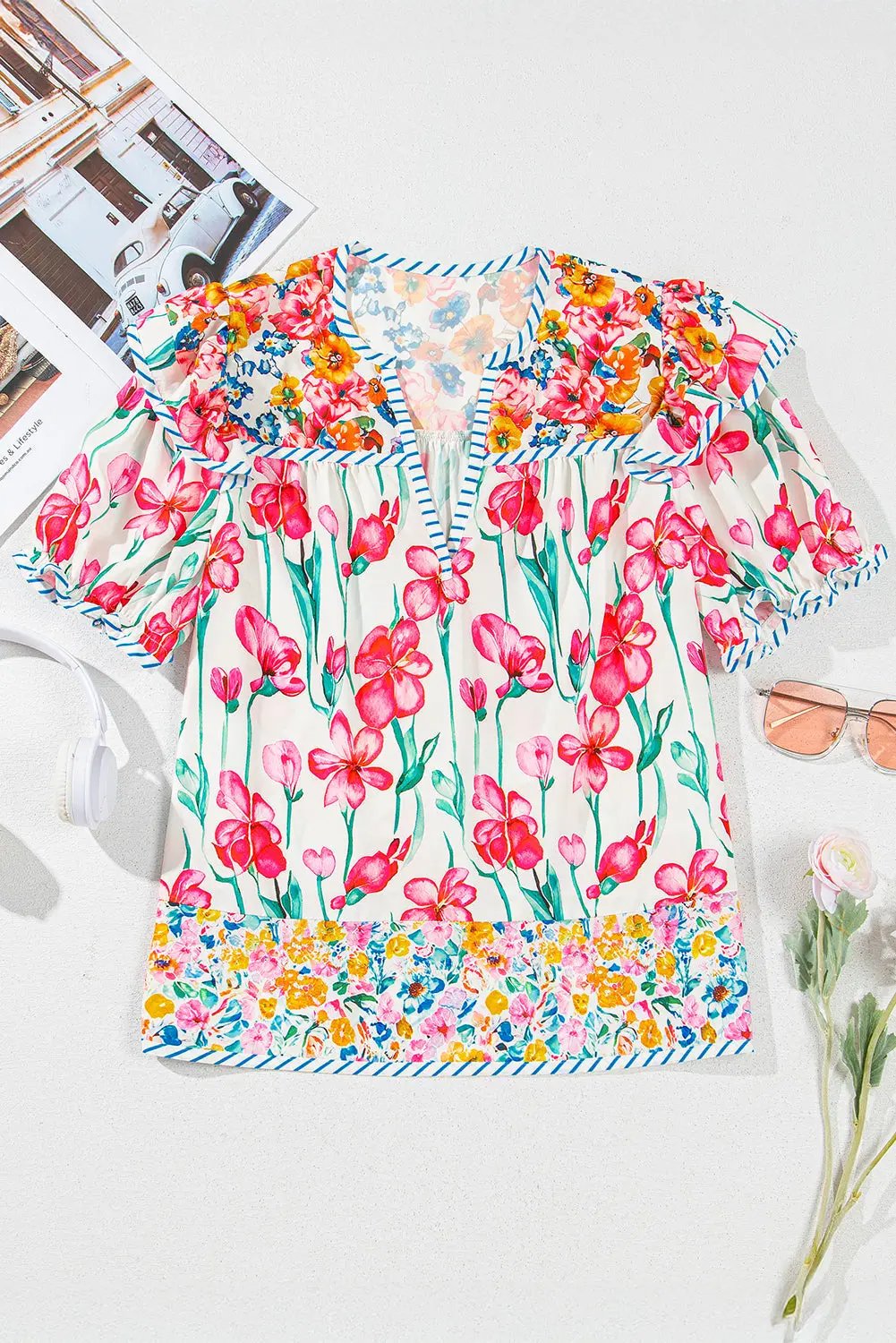 Greta Floral Split Neck Short Sleeve Blouse with Striped Trim - Love Salve 