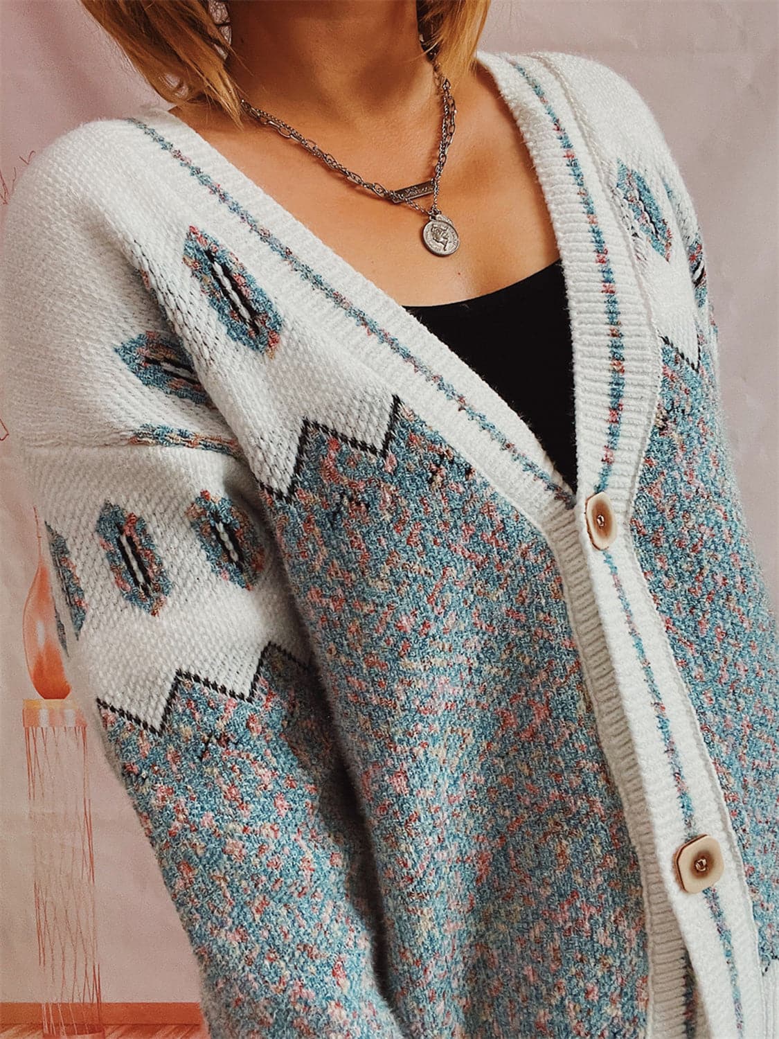 Geometric Button Front Long Sleeve Cardigan.