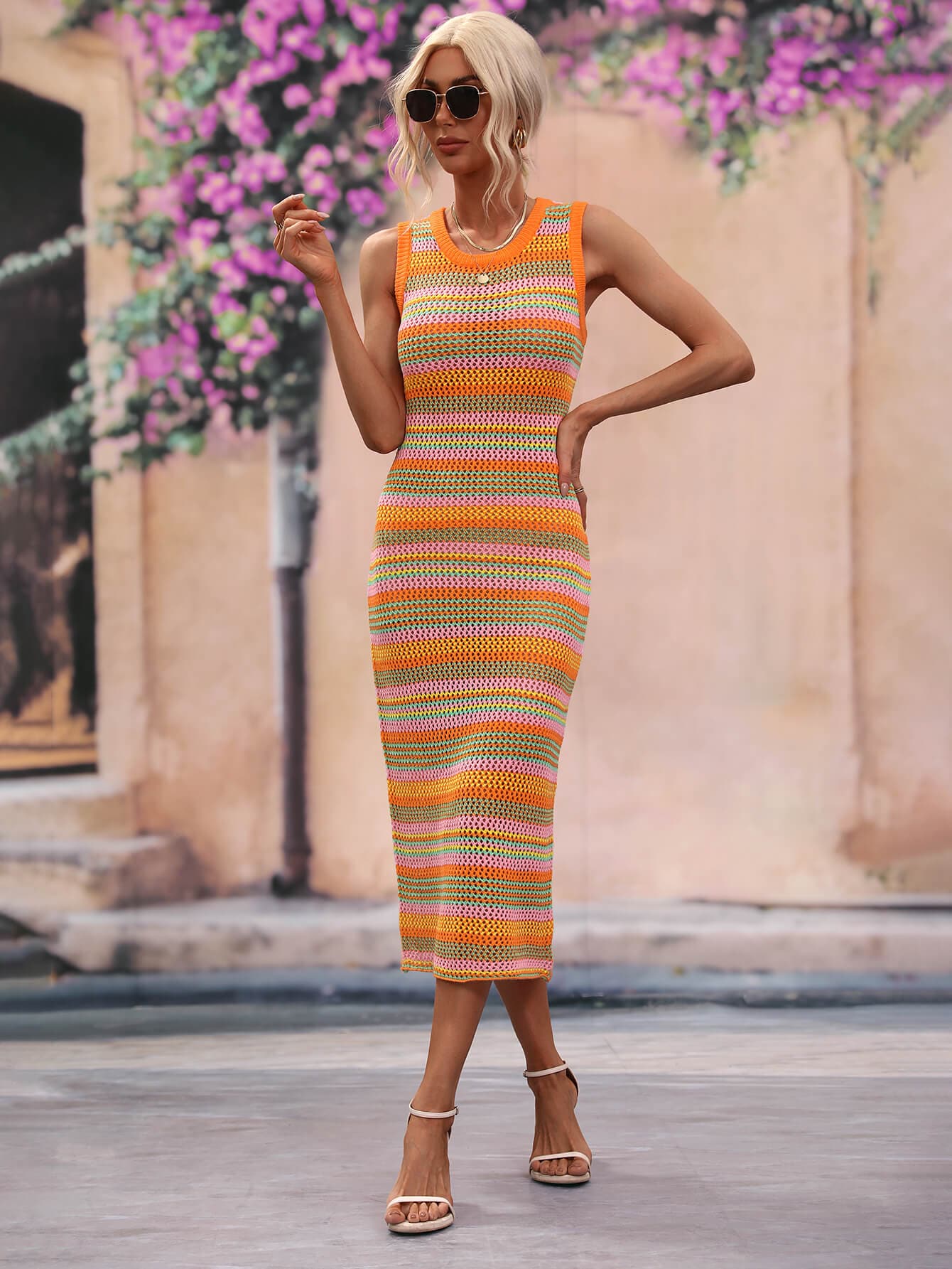 Striped Round Neck Sleeveless Midi Cover Up Dress.