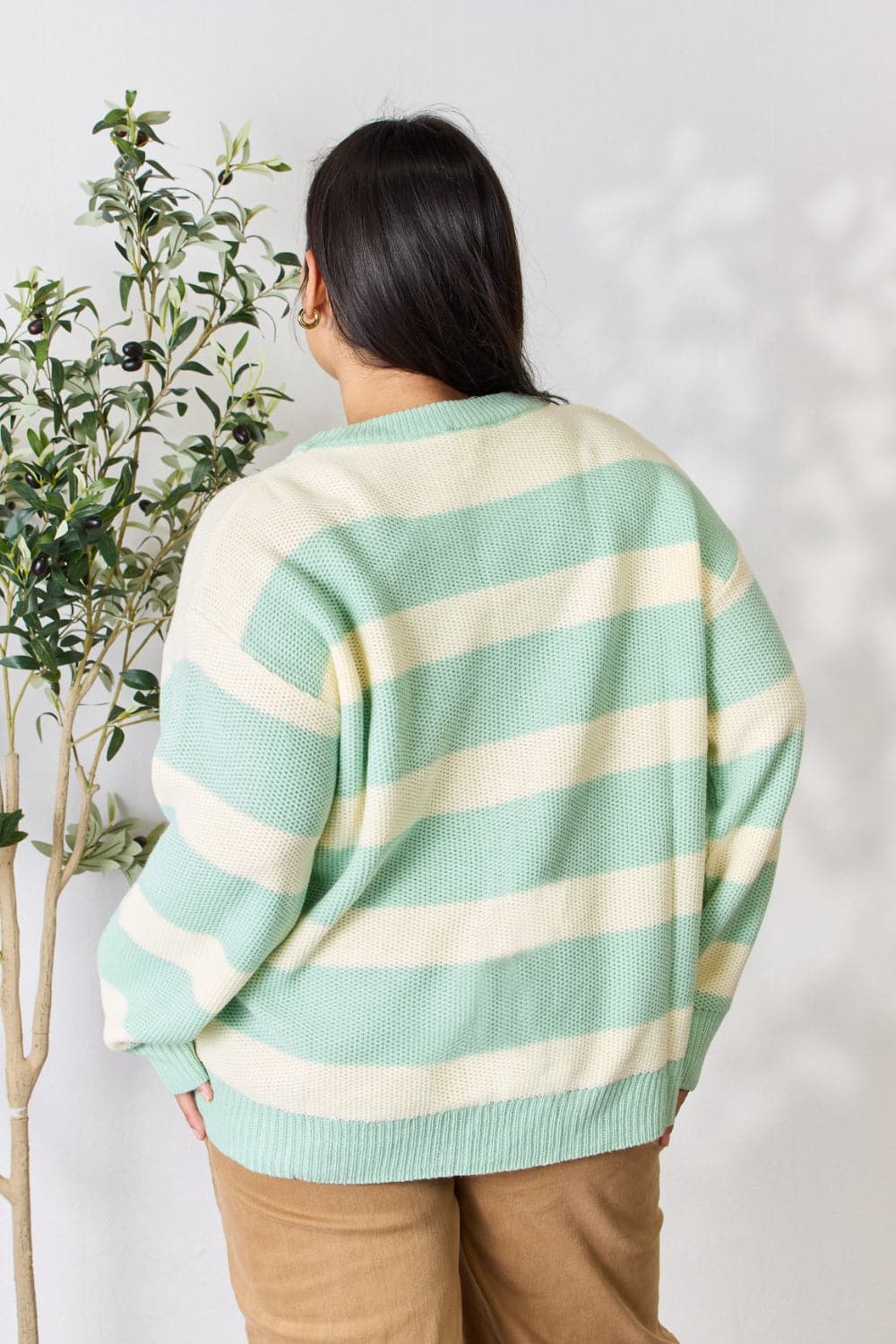 Sew In Love Full Size Contrast Striped Round Neck Sweater.