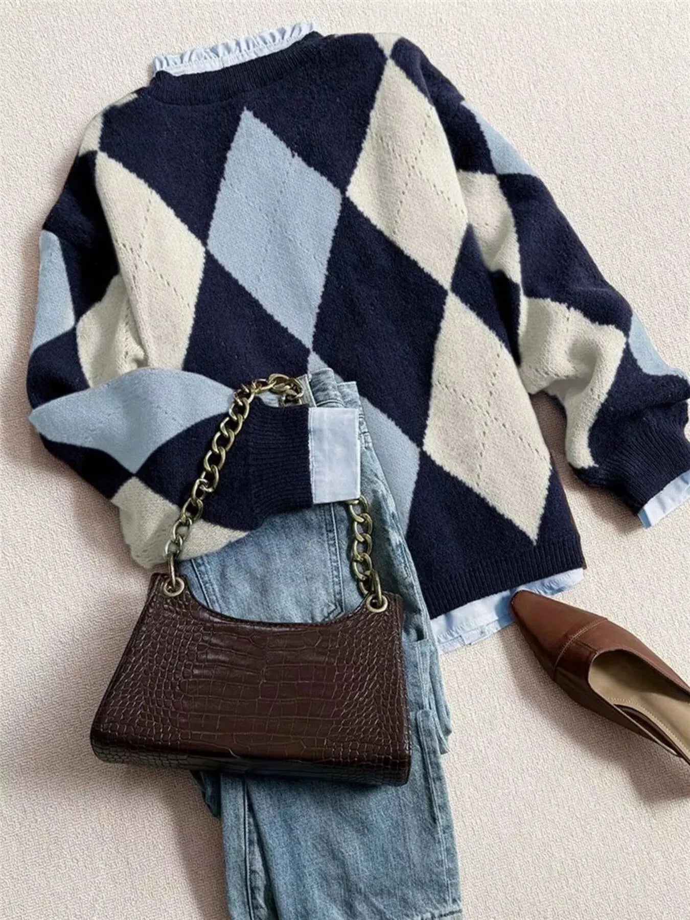 Vintage Argyle Round Neck Sweater Simply Love