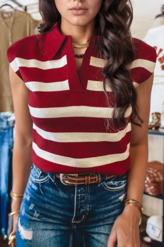 Collared Neck Striped Sweater Vest Simply Love