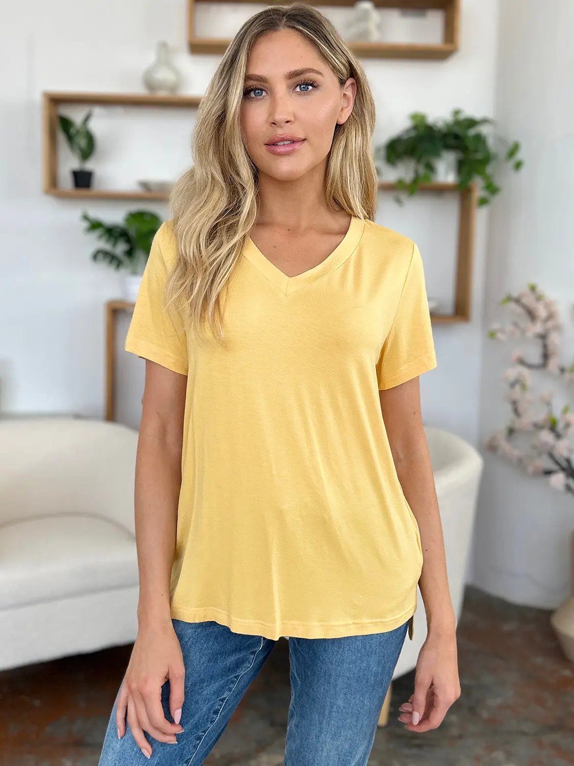 Basic Bae Bamboo Full Size V-Neck High-Low T-Shirt - Love Salve