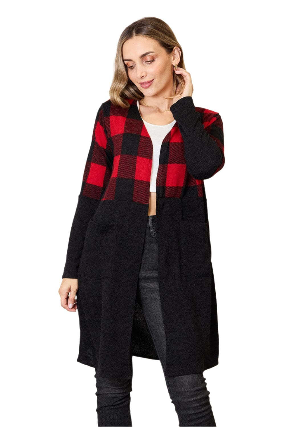 Heimish Full Size Plaid Open Front Cardigan.