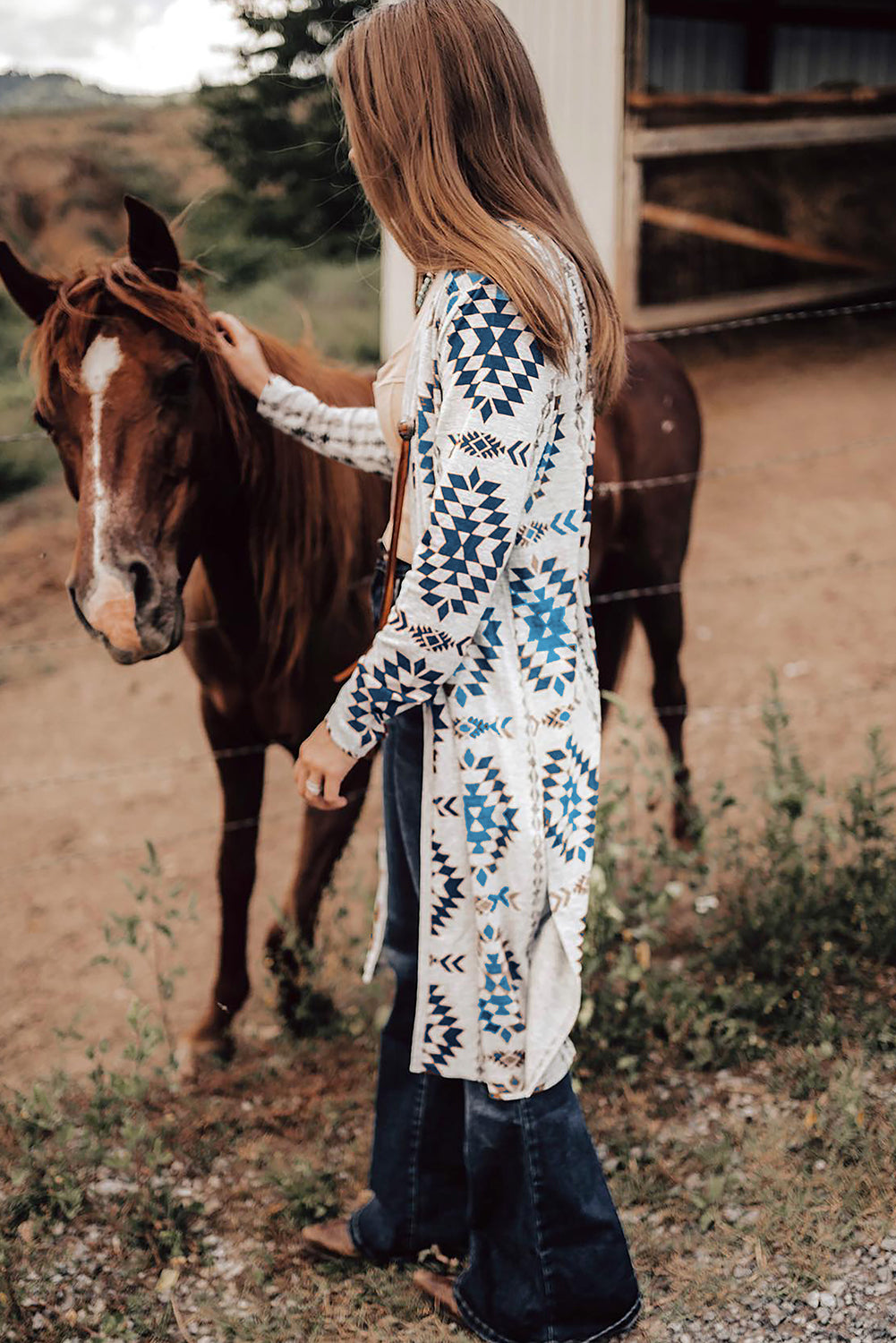 Sky Blue Open Front Long Cardigan with Western Aztec Design