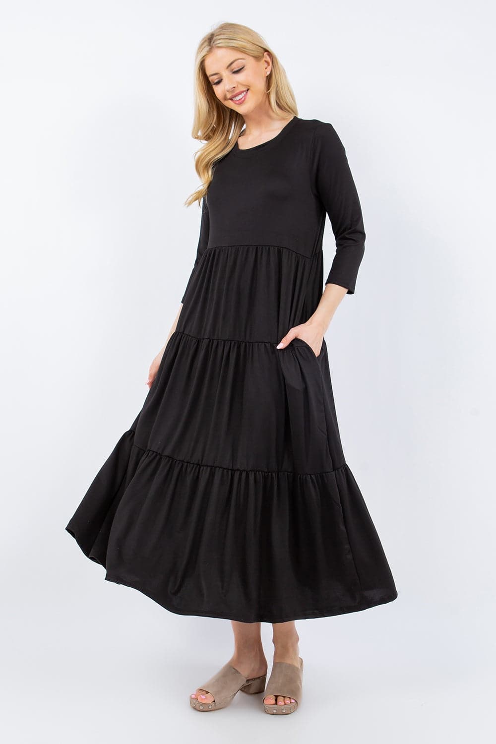 Celeste Full Size Tiered Midi Dress with Pockets.