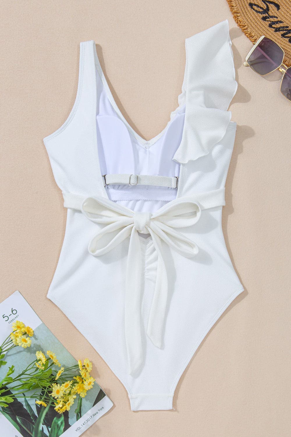 Ruffled V-Neck Wide Strap One-Piece Swimwear.