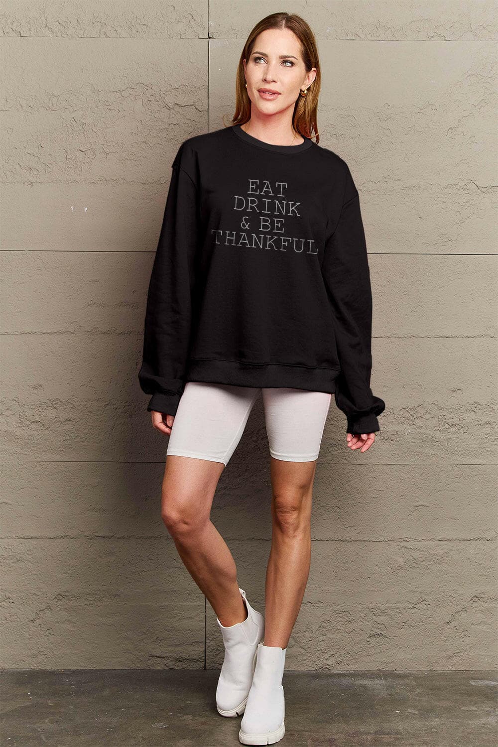 Simply Love Full Size EAT DRINK & BE THANKFUL Round Neck Sweatshirt.