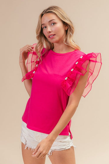 BiBi Pearl Decor Mesh Ruffle Sleeve Top.