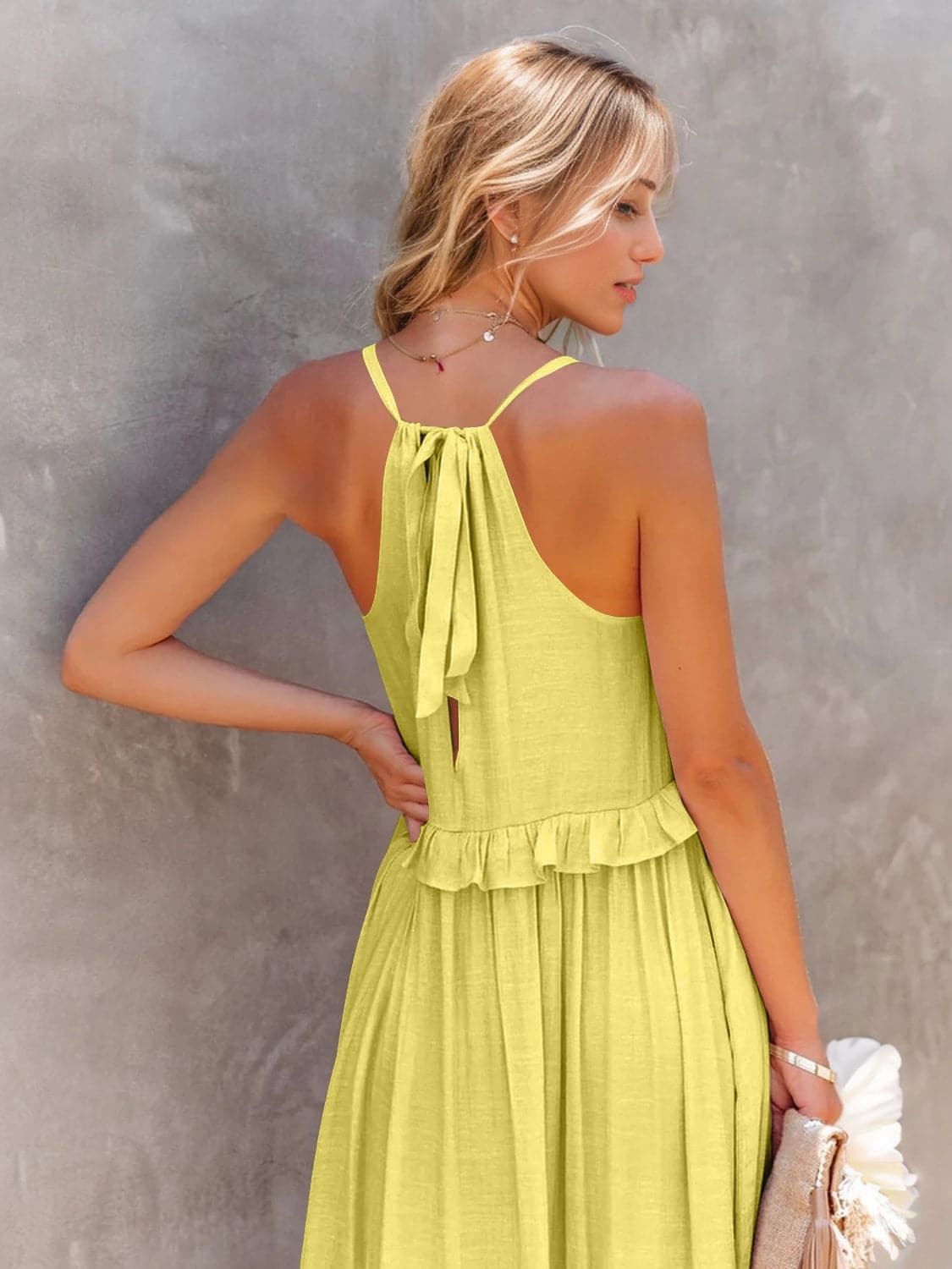 Ruffled Sleeveless Tiered Maxi Dress with Pockets.