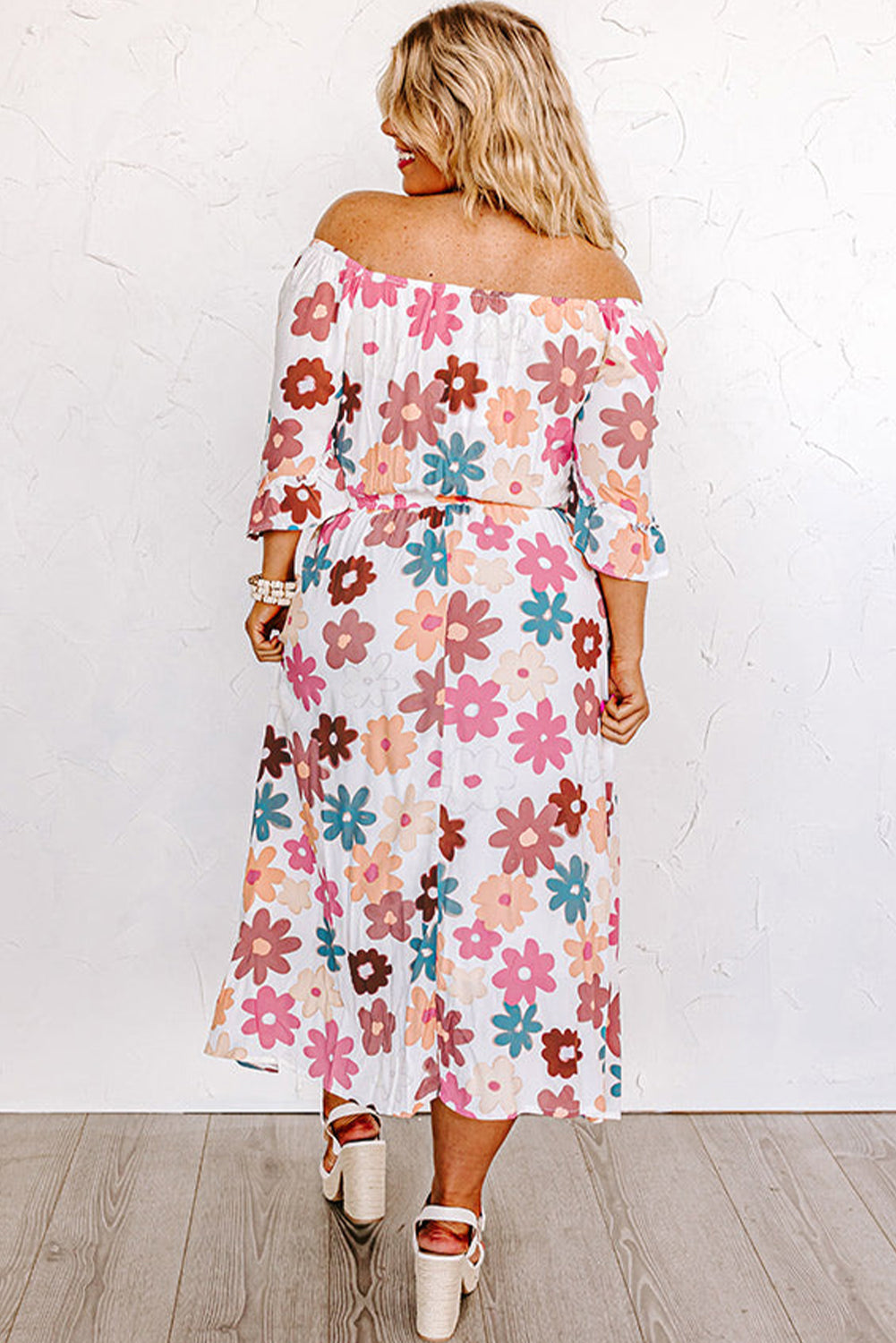 Elegant white floral off-shoulder dress for plus sizes