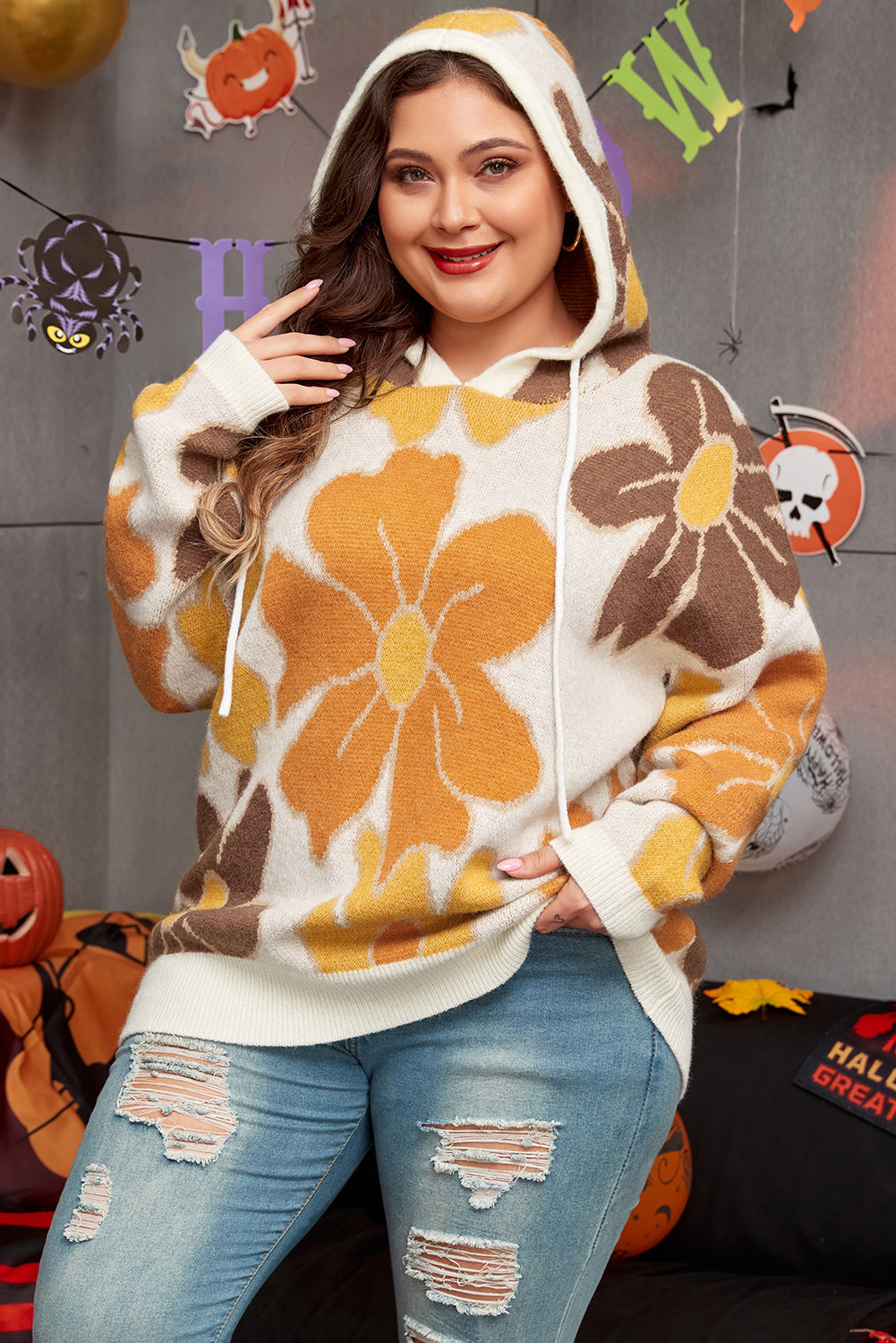 Cozy floral hooded plus size sweater with drawstring detail