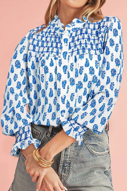 Frilled Floral Print Long Sleeve Button-Up Blouse