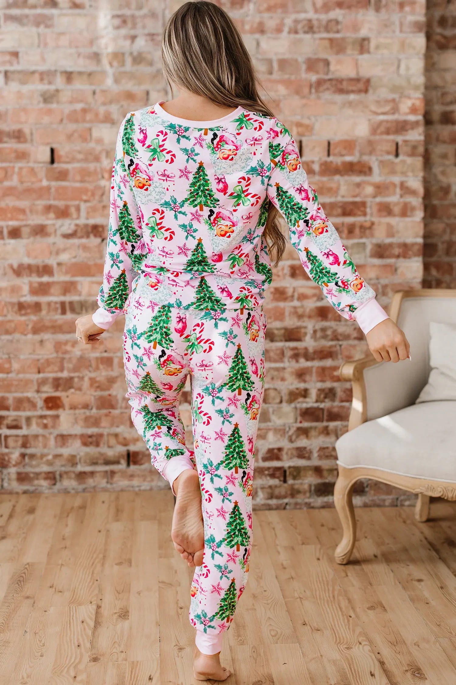 Pink Christmas Pattern Two Piece Lounge Set With Button V Neck Pullover Pants Dear-Lover Dropshipping