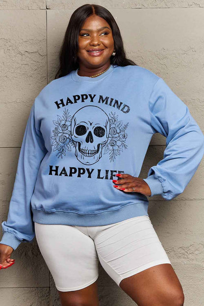 Happy mind, happy life skull graphic sweatshirt by Simply Love