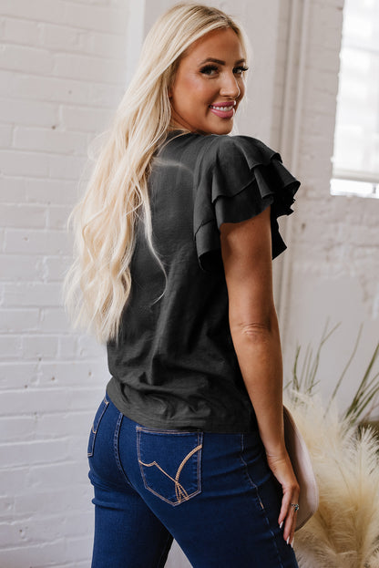 Black Layered Ruffle Short Sleeve Round Neck Top for Women