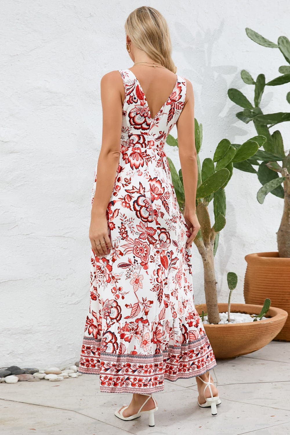 Printed V-Neck Wide Strap Dress.