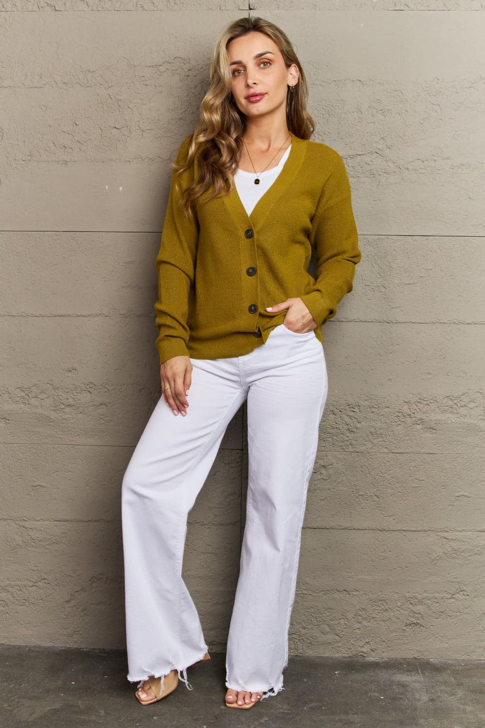 Zenana Kiss Me Tonight Full Size Button Down Cardigan in Chartreuse.