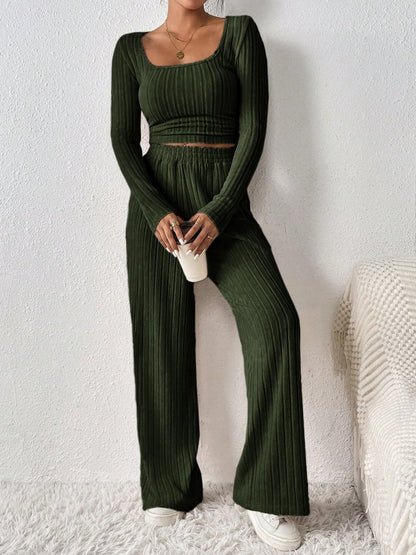 Cozy scoop neck long sleeve top and matching pants set