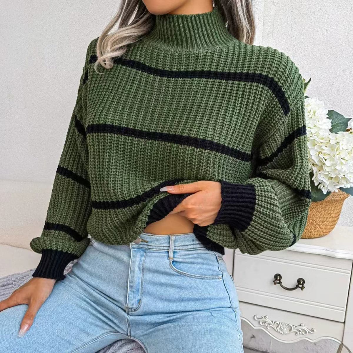 Striped Mock Neck Dropped Shoulder Sweater.