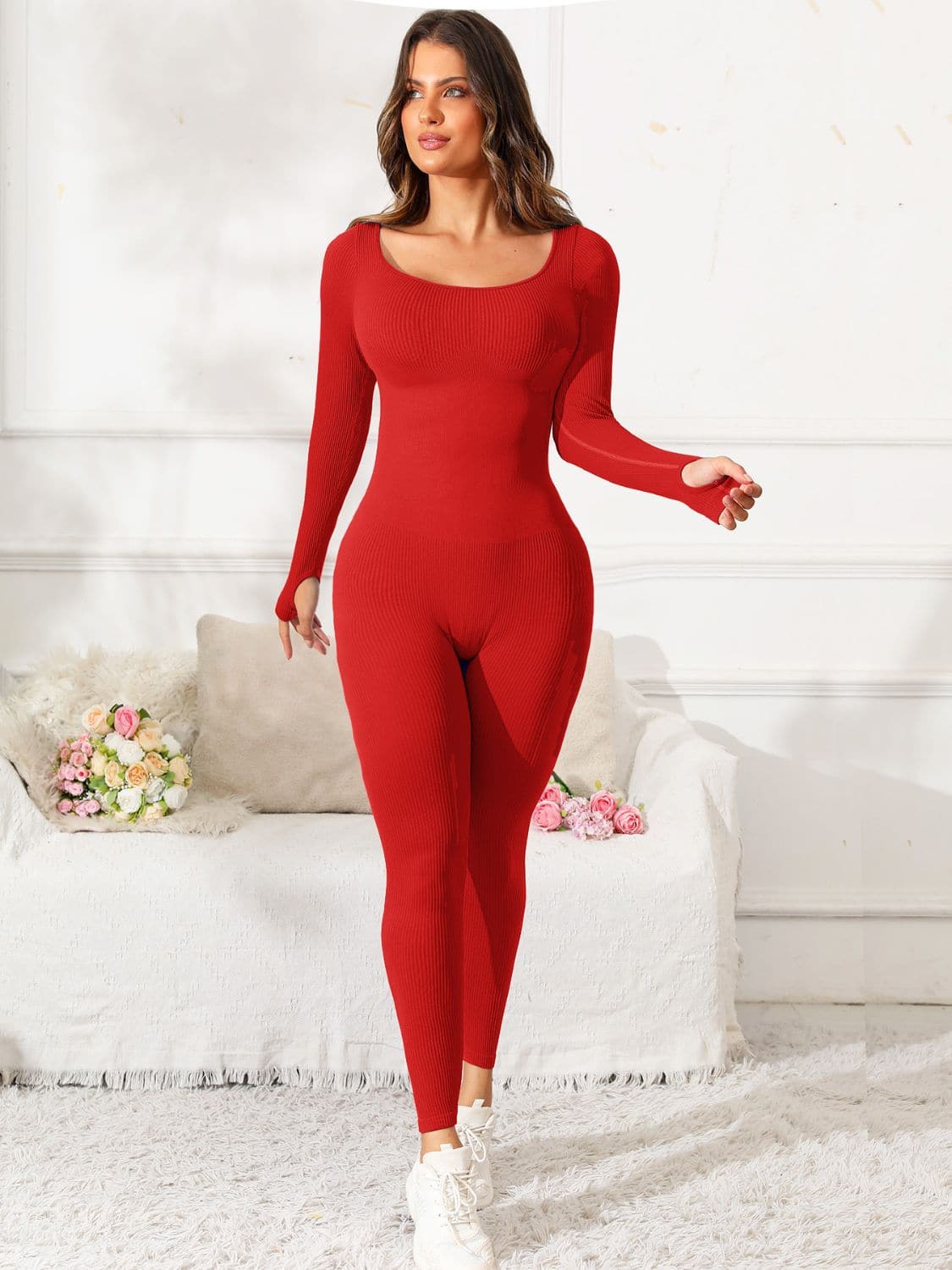 Scoop Neck Long Sleeve Active Jumpsuit.