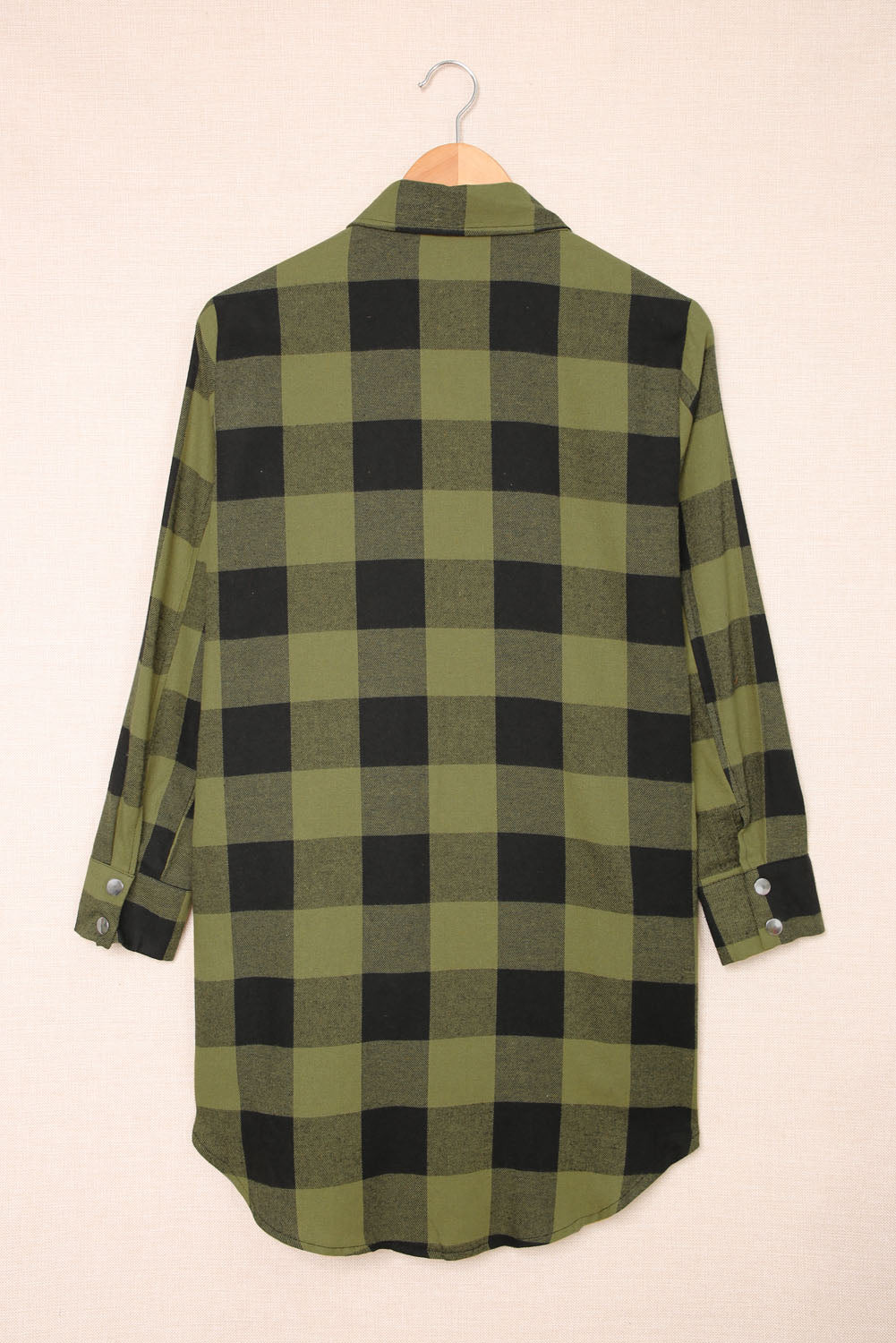 Chic green plaid longline shirt coat with turn-down collar