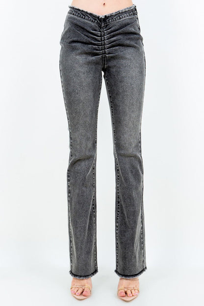 Chic V-cut ruched mid flare pants with side zipper