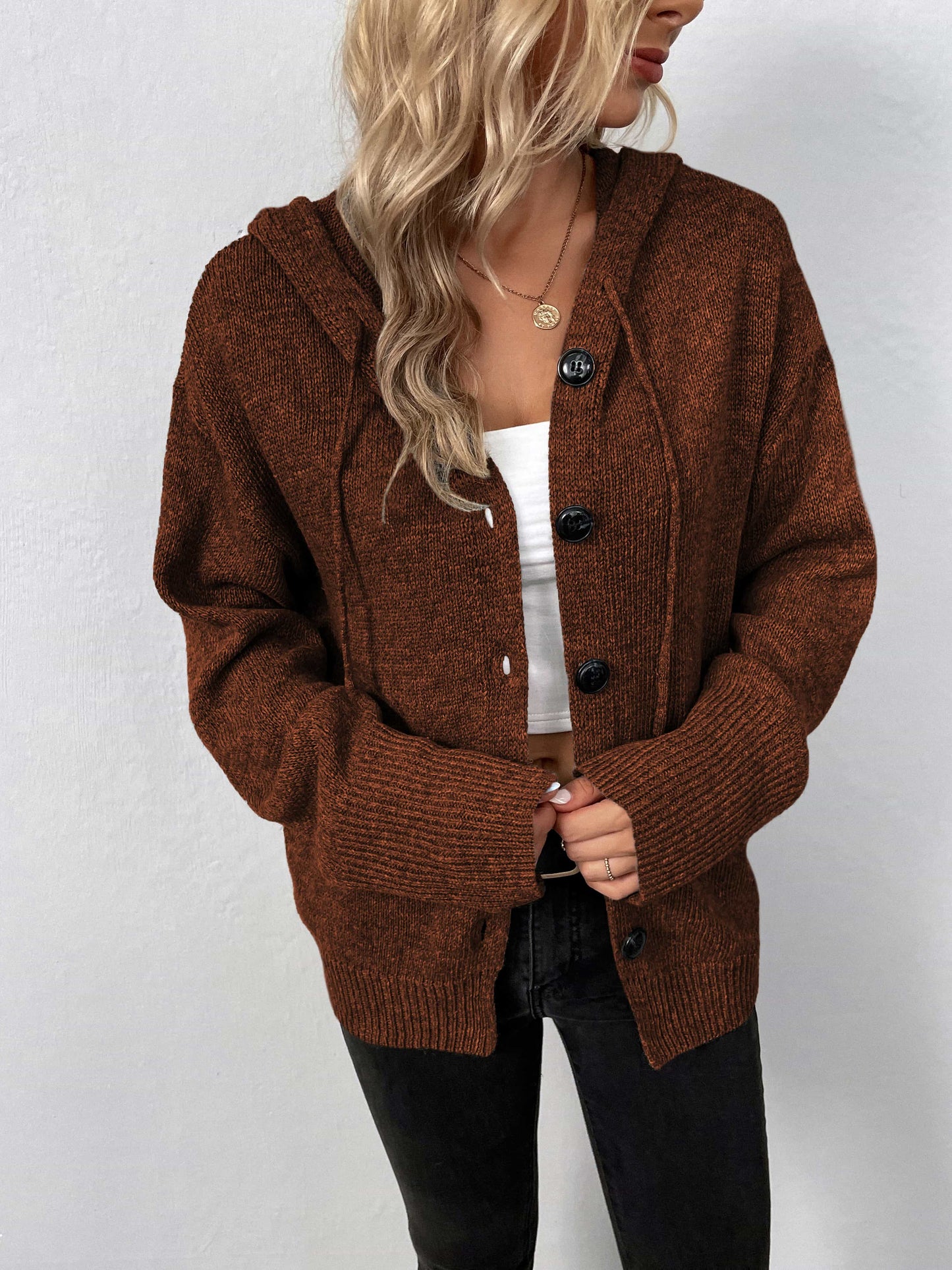 Button-Down Long Sleeve Hooded Sweater.