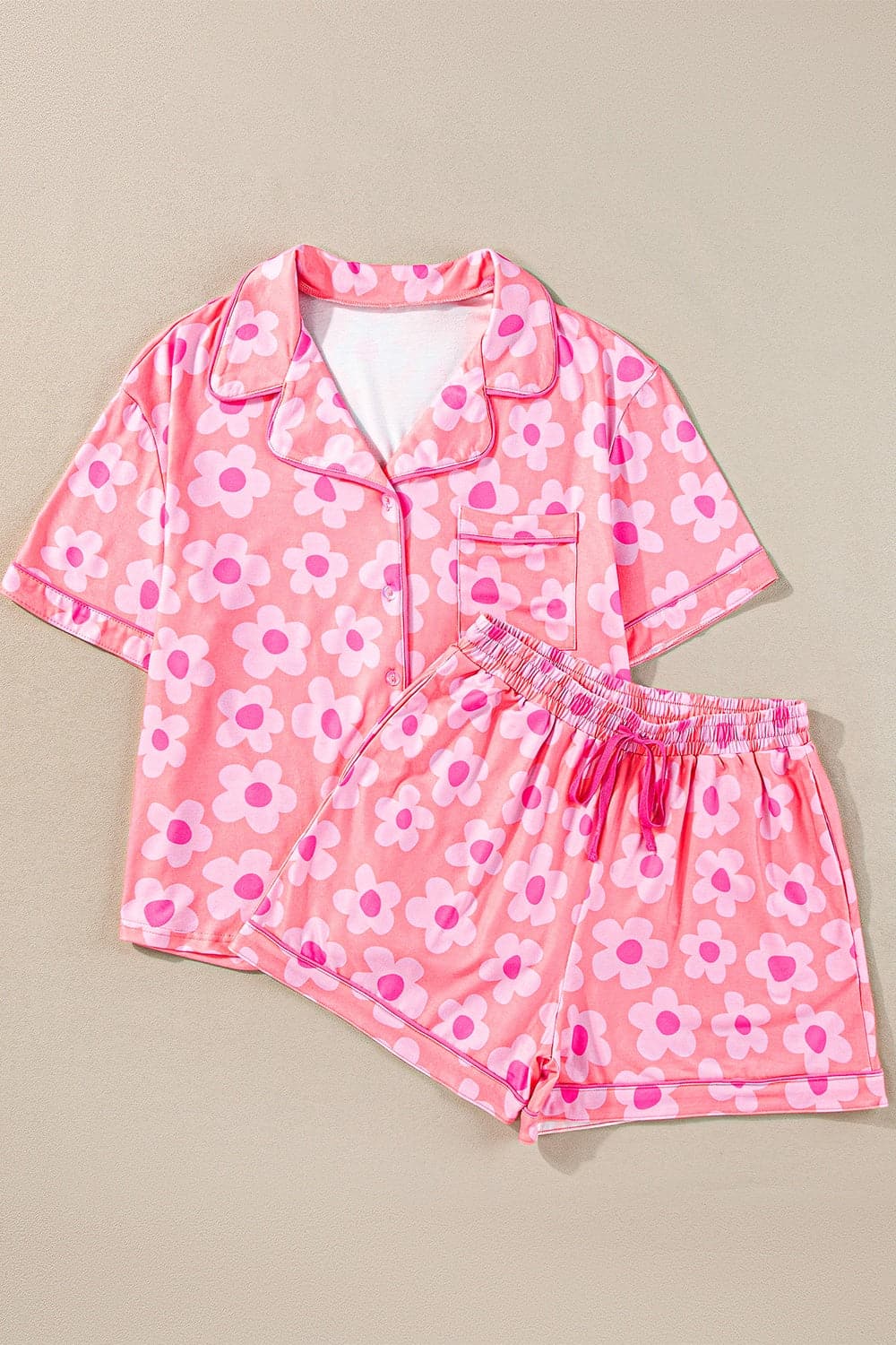 Pocketed Flower Half Sleeve Top and Shorts Lounge Set.