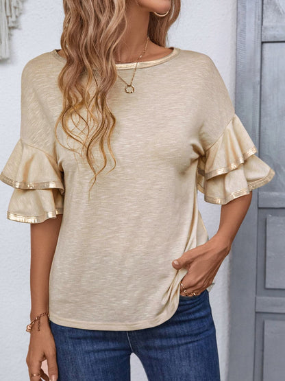 Ruffled sheer sleeve top - stretchy, stylish