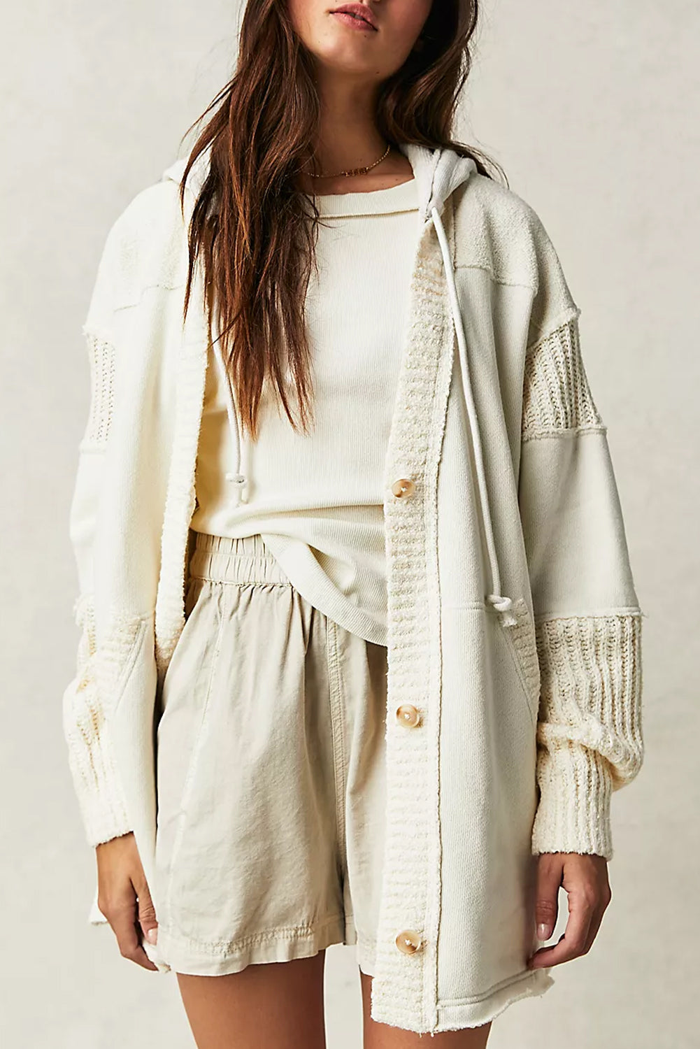 Beige knit patchwork hooded coat